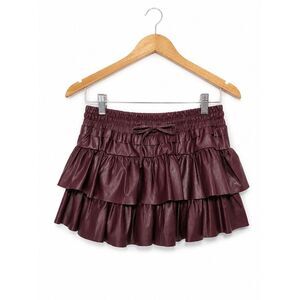 Day + Moon Burgundy Faux Leather Tiered Ruffle Skort M Elastic Waist Mini Fall